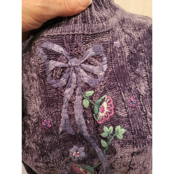 Purple Chenille Embroidered Floral  Bow Sweater Alfred Dunner PM  Cottage Cozy - Picture 2 of 6